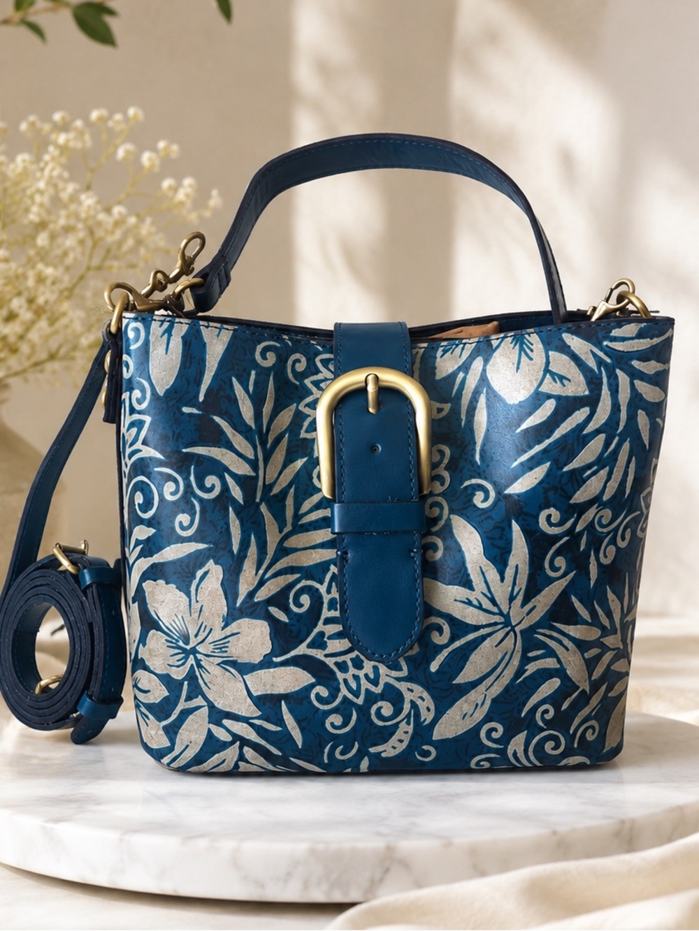 Patricia Nash Irving Bucket Handbag Leather Disstressed Greek Floral Blue